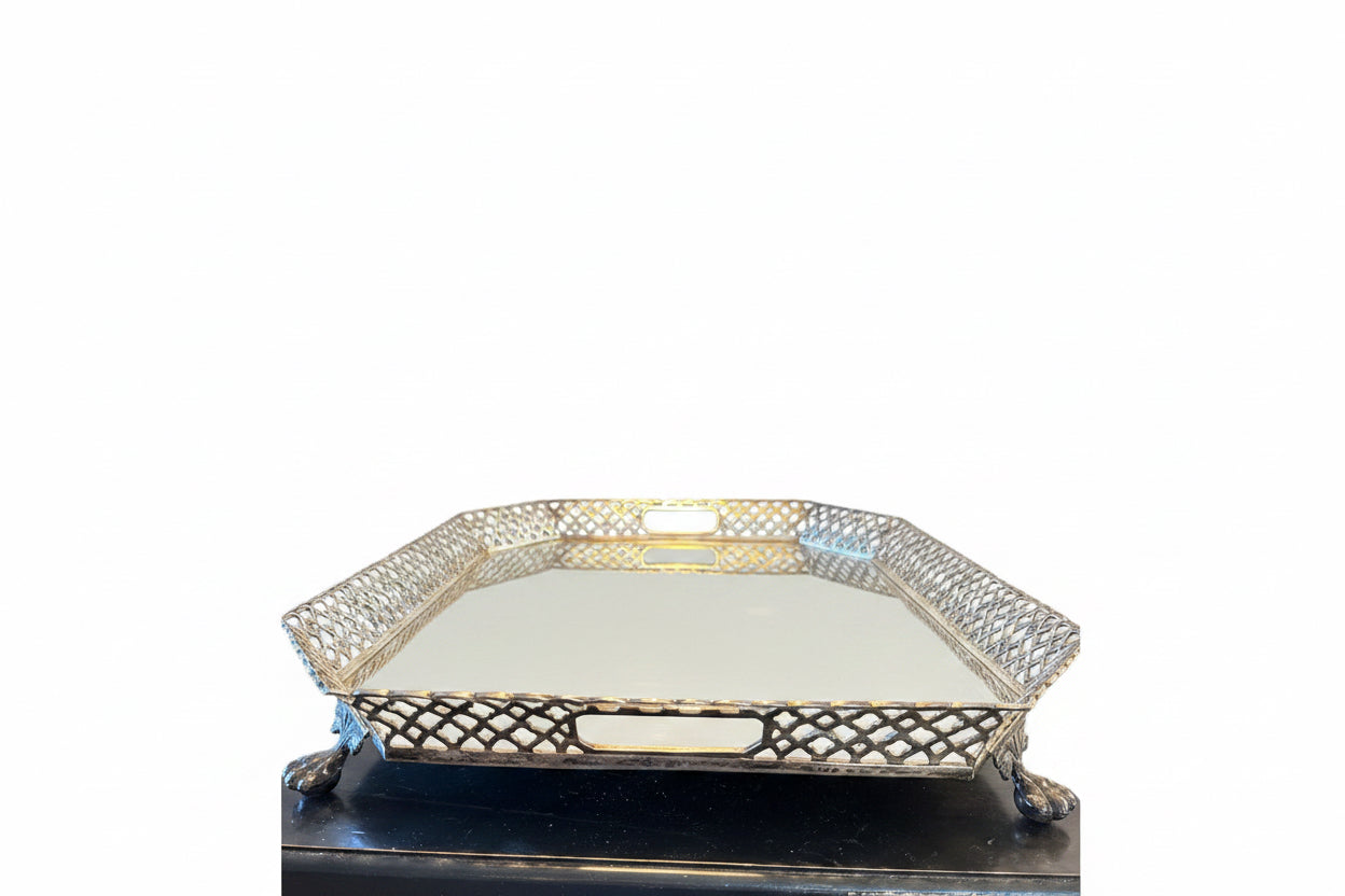 Vintage Silverplate Gallery Tray with Pierced Lattice Edge