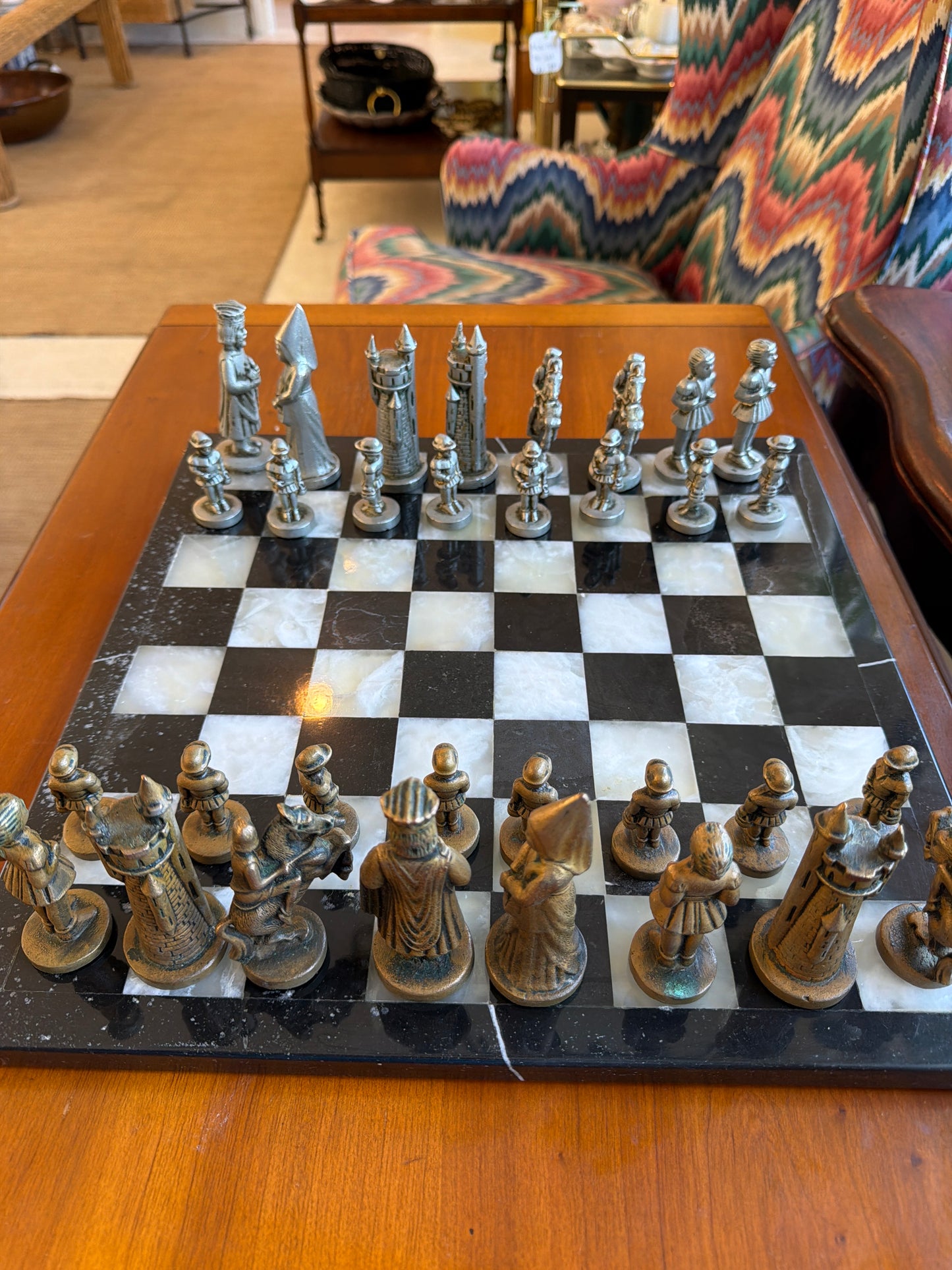Vintage Medieval Chess Set with Stone Chess Board