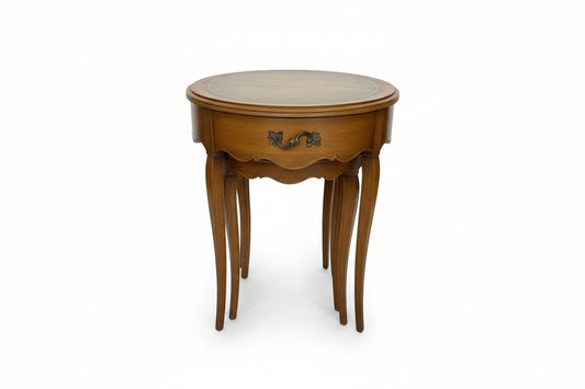 Vintage Leather Weiman Heirloom Antique Top Nesting Tables – Traditional Wood Side Table Set with Tooled Leather Insets