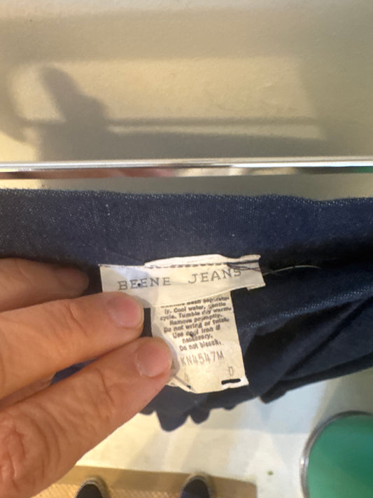 Vintage Beene Jeans 80s dark denim midi ruffle skirt with white eyelet trim