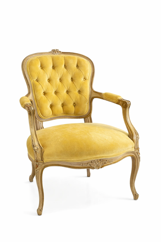 Vintage pale, yellow Louis XV velvet armchair