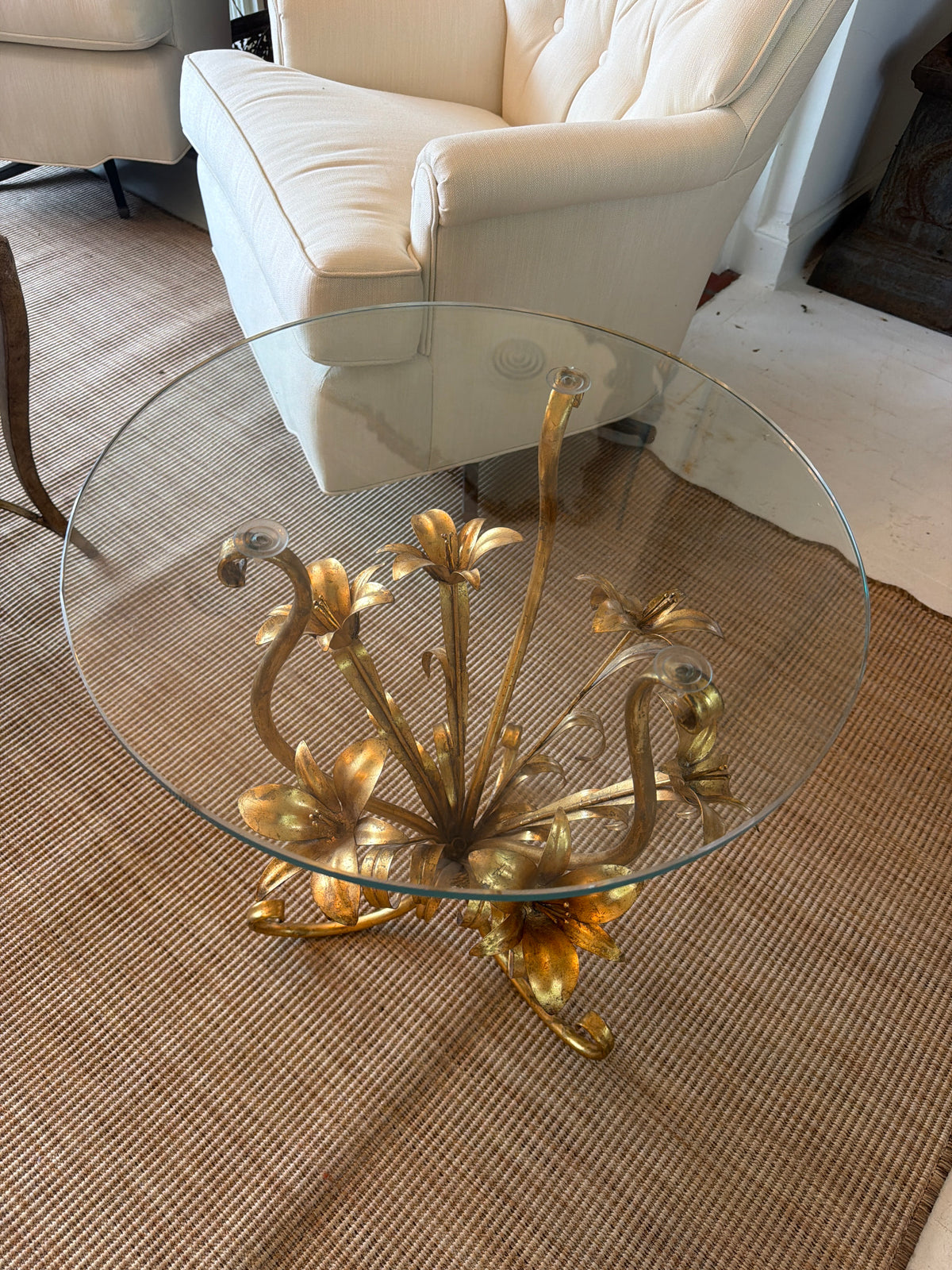 Vintage Gilt Tole Floral Glass-Top Side Table