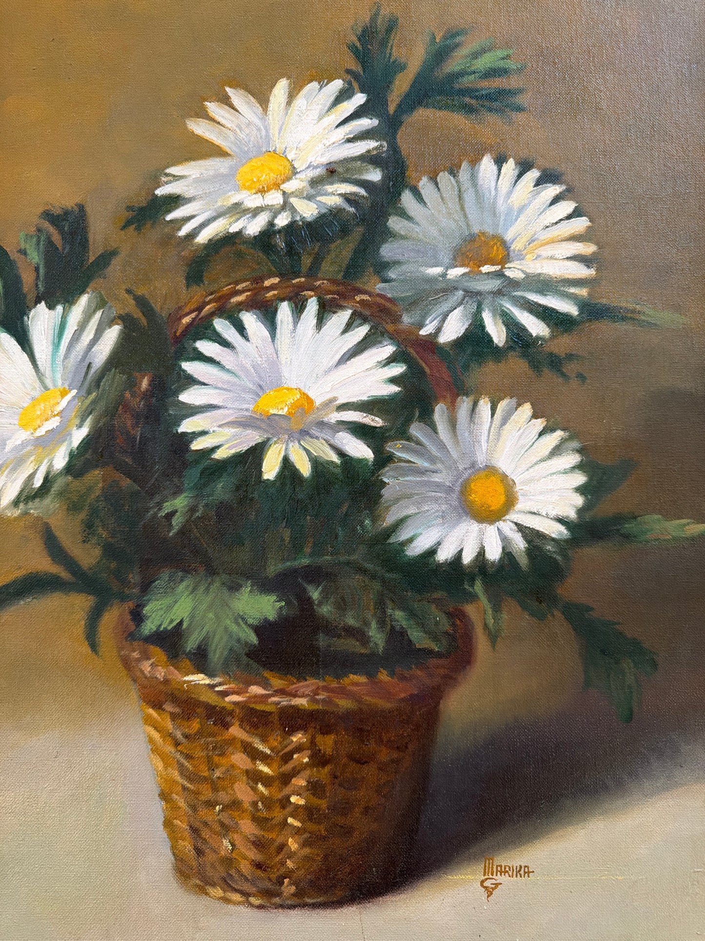 Original Vintage Daisy Still Life Oil Painting in Gilt Frame