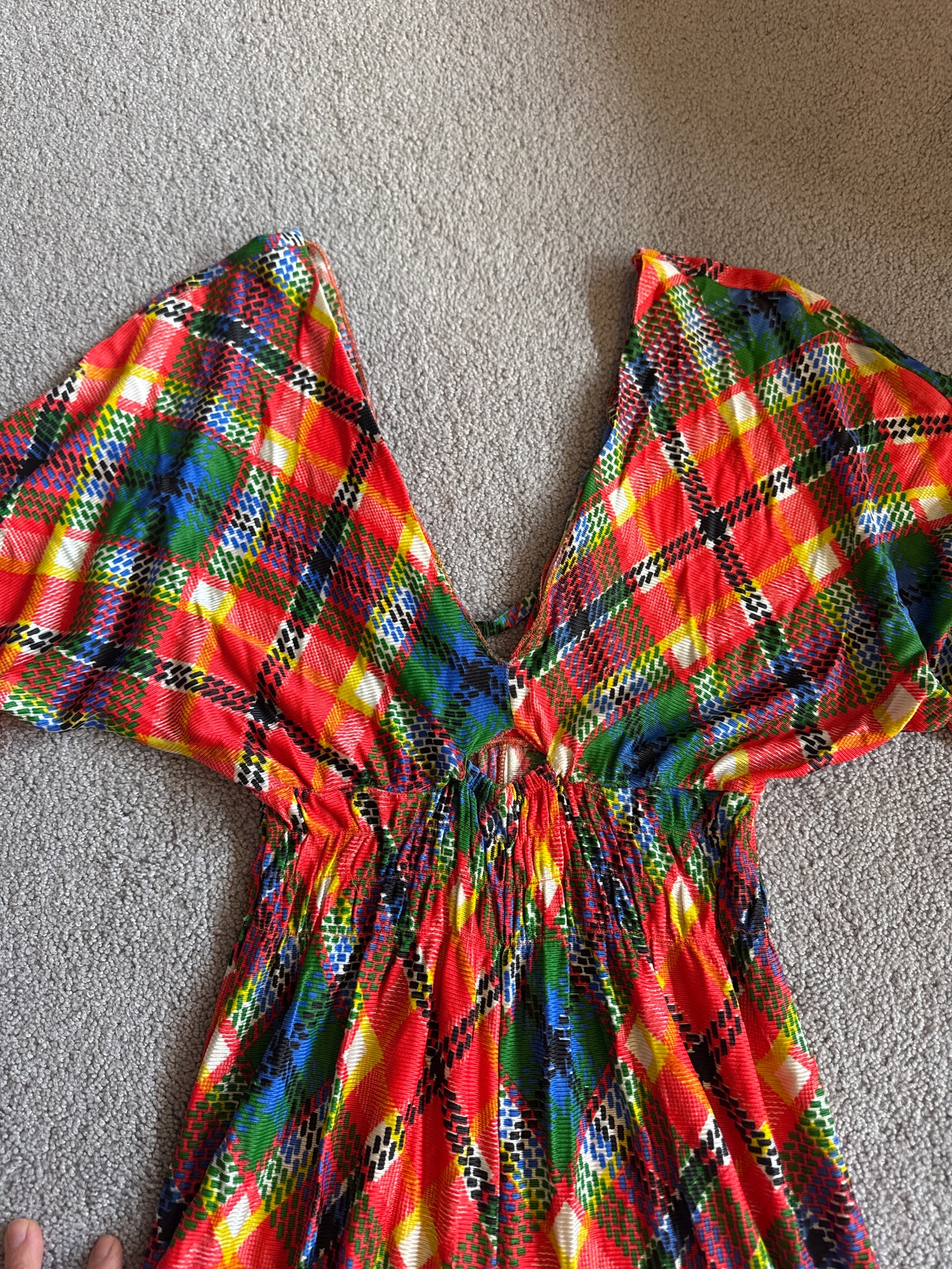1960s vintage rainbow plaid wide leg jumpsuit
