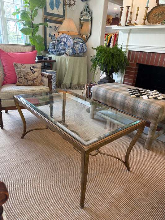 Vintage Brass & Glass Coffee Table with Decorative Iron Trellis Base
