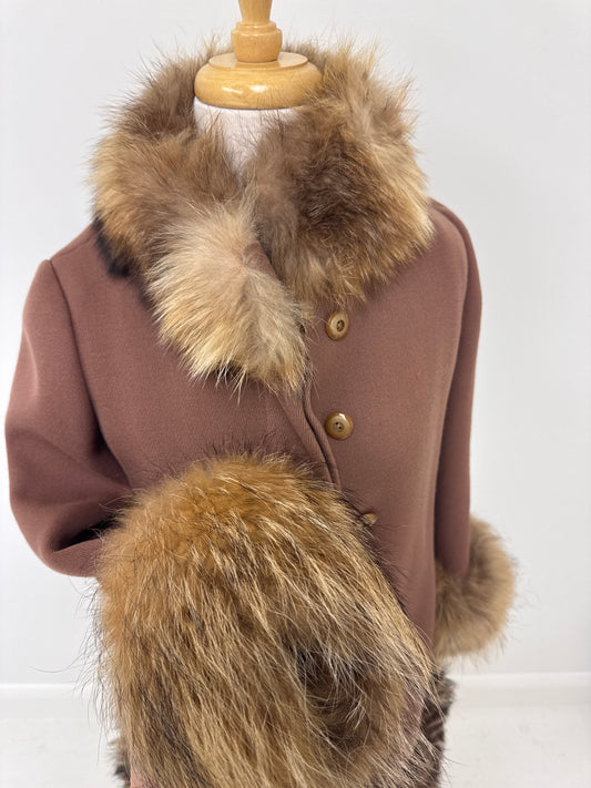 Vintage Lord & Taylor Young New Yorker Shop Brown Wool Coat with Genuine Fur Trim & Belt