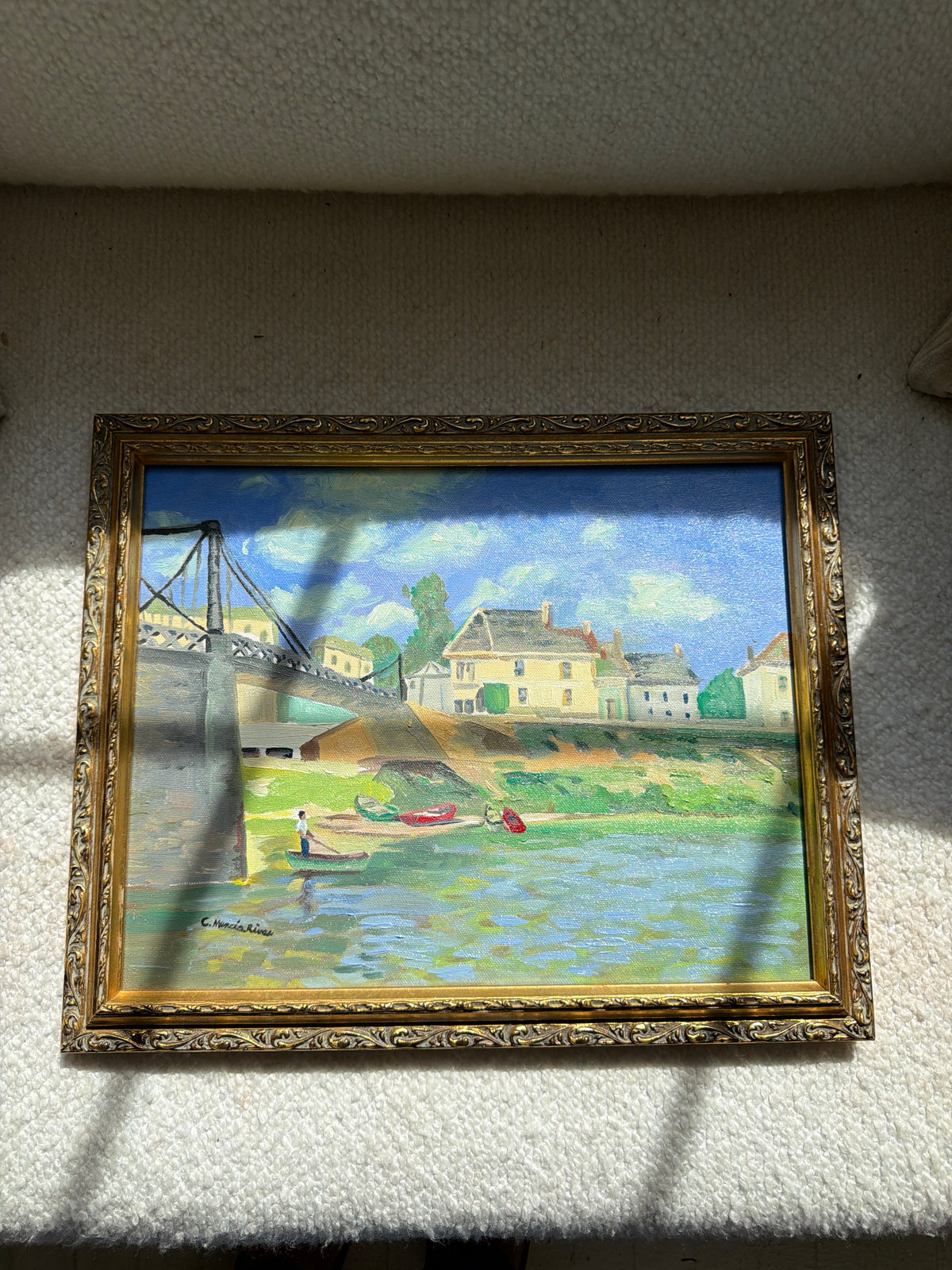 Signed Riverside Painting on Canvas in Ornate Gold-Tone Frame