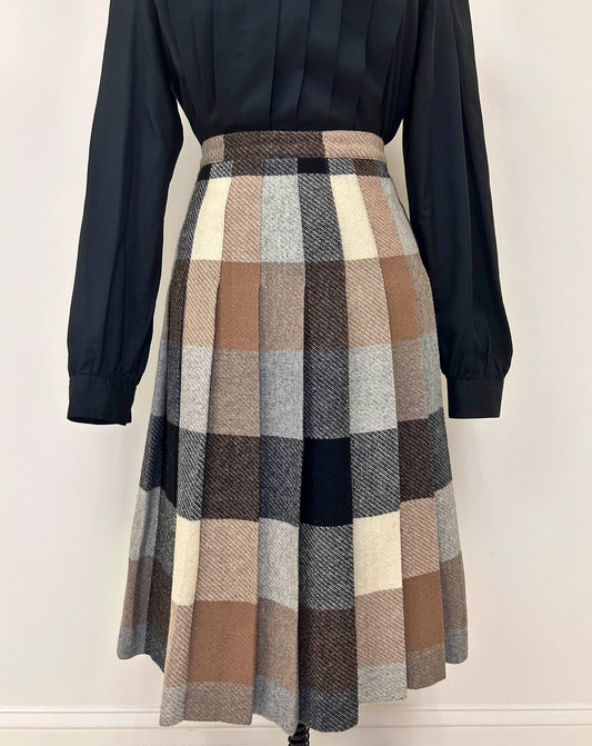 Madison Wardrobe Maker Vintage Brown Plaid Wool Midi Skirt
