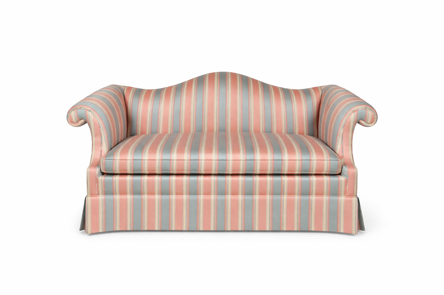 Vintage Camelback Settee with Pink and Blue Striped Upholstery