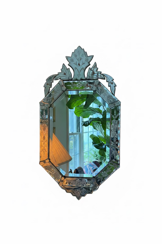 Vintage Venetian Etched Wall Mirror with Floral Crest