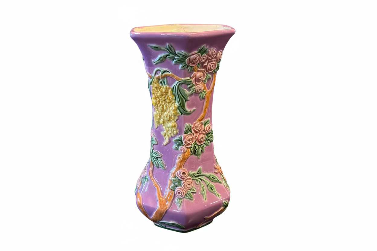 Eichwald Czech Pottery Vintage Majolica-Style Floral & Grape Vase in Lilac Glaze