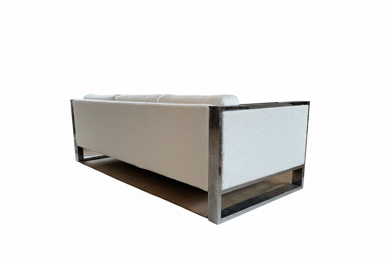 Vintage Milo Baughman for Thayer Coggin Chrome Frame Sofa — Newly Reupholstered in White Bouclé