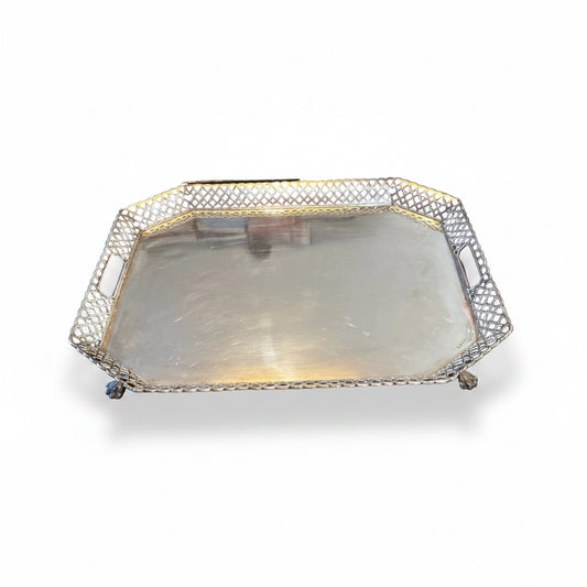 Vintage Silverplate Gallery Tray with Pierced Lattice Edge