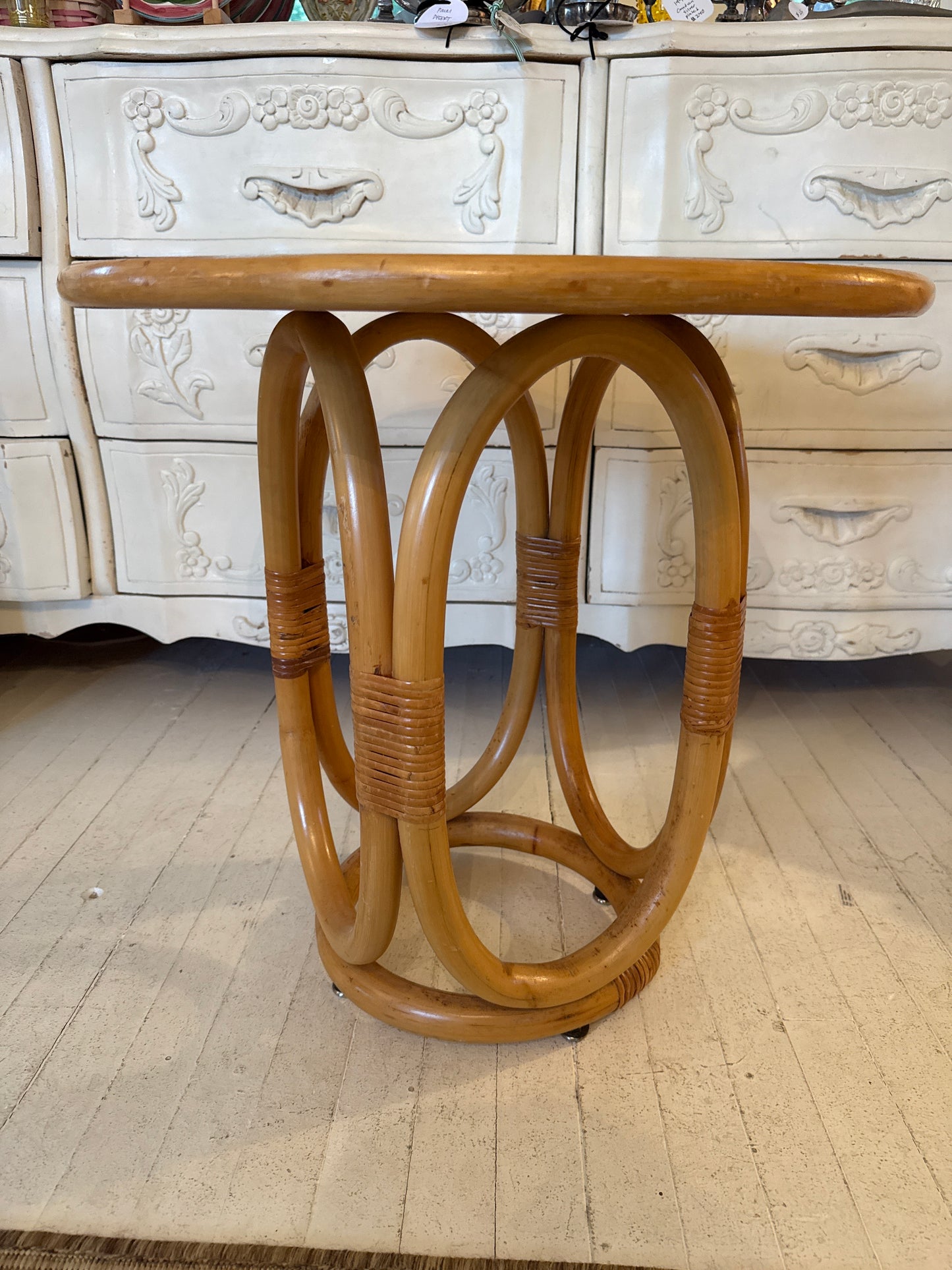 Vintage Bentwood Rattan Side Table with White Top