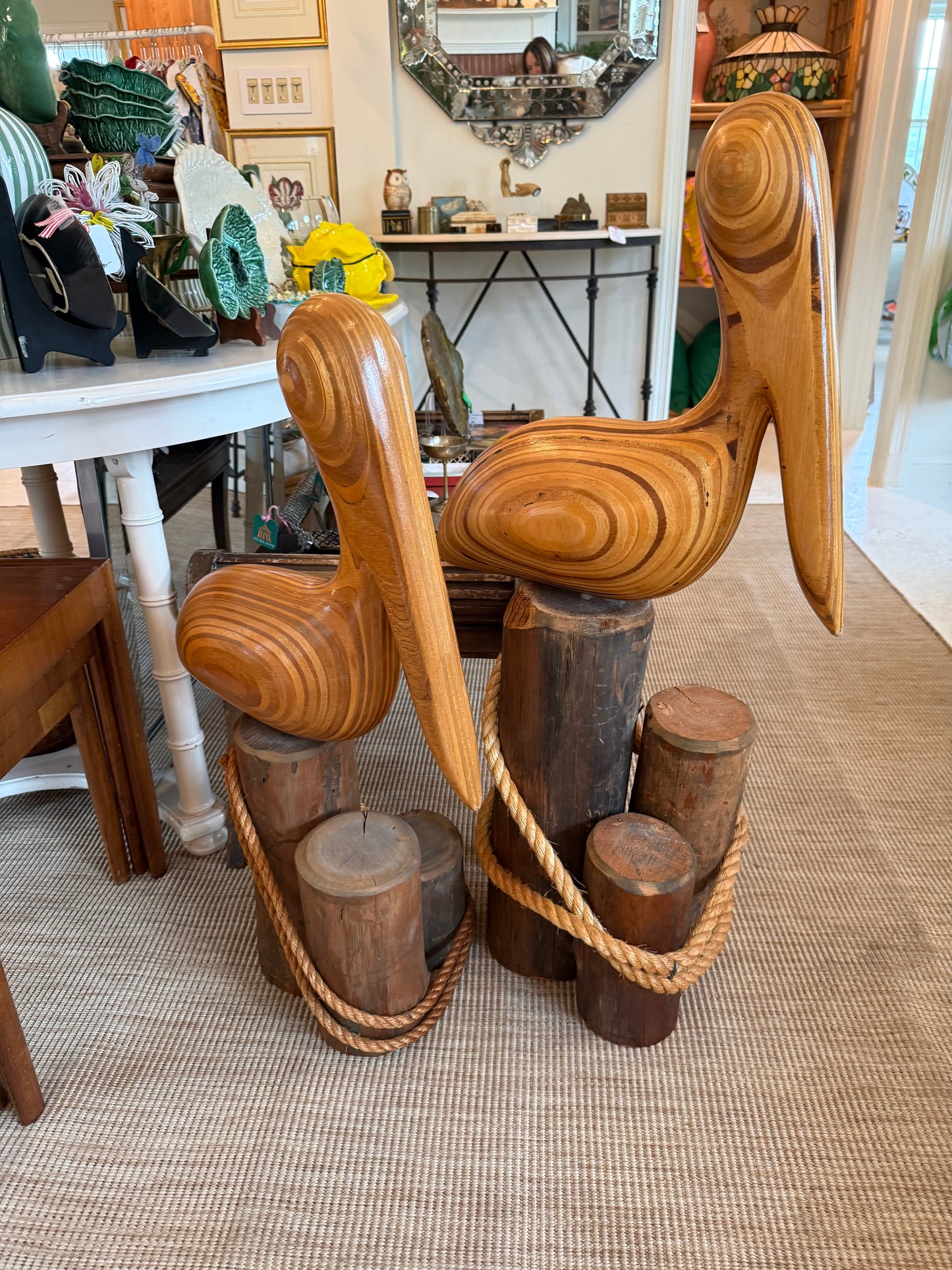1970s MCM pair of hand carved large pelicans