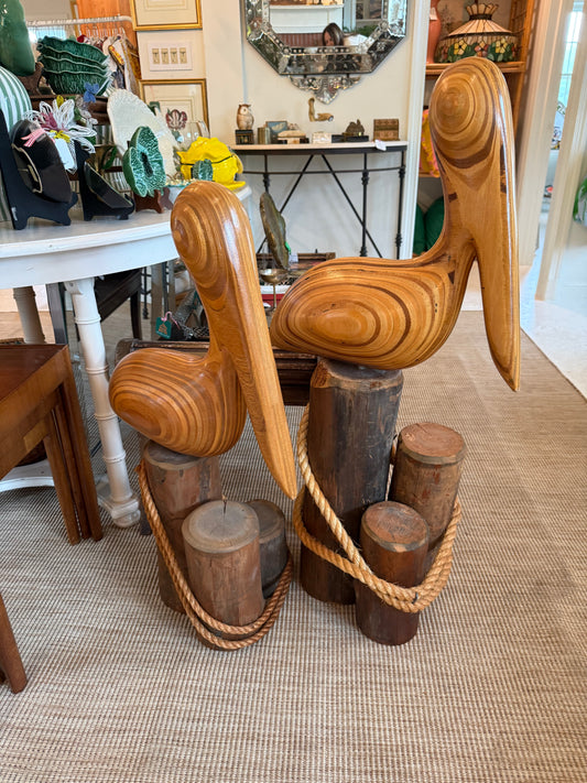 1970s MCM pair of hand carved large pelicans