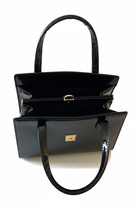 1950s Black patent, leather, accordion handbag