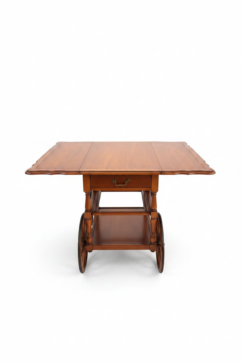 Vintage Fruitwood Drop-Leaf Tea Cart with Glass Shelf