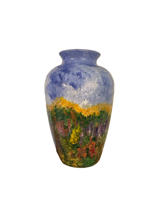 Signed Hand-Painted Floral Art Glass Vase