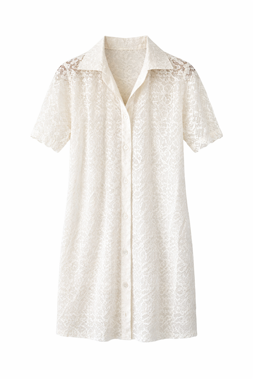 Vintage White lace dress, Full button up, with collar and scalloped sleeve. Fit is a small.on a white background