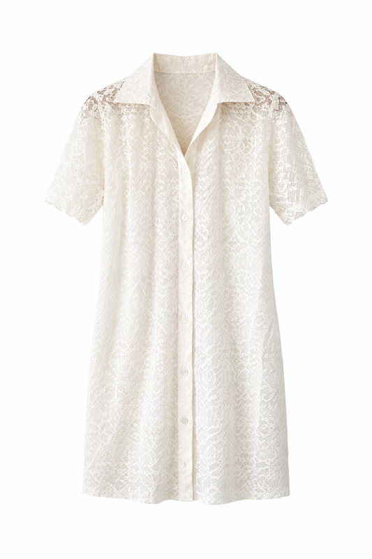 Vintage White lace dress, Full button up, with collar and scalloped sleeve. Fit is a small.on a white background