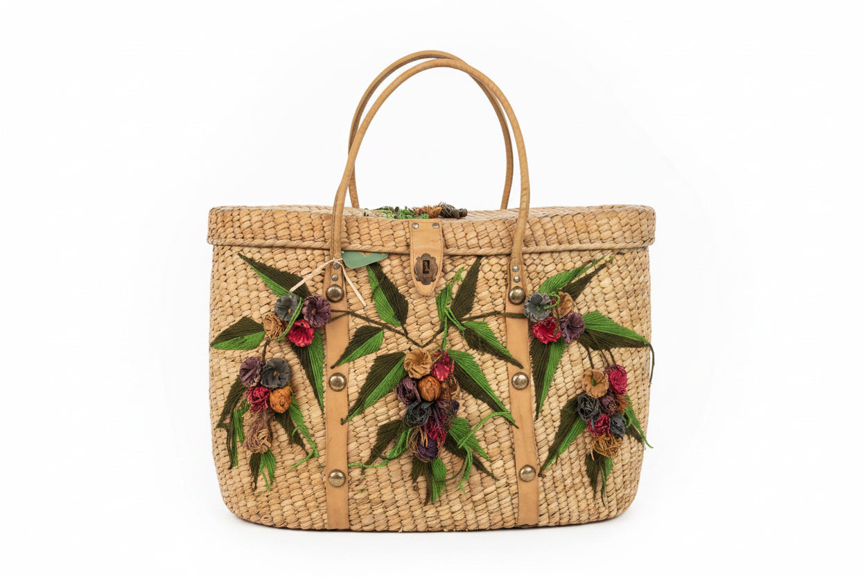 Vintage Handwoven Straw Picnic Basket Tote with Leather Trim & Floral Raffia Detail