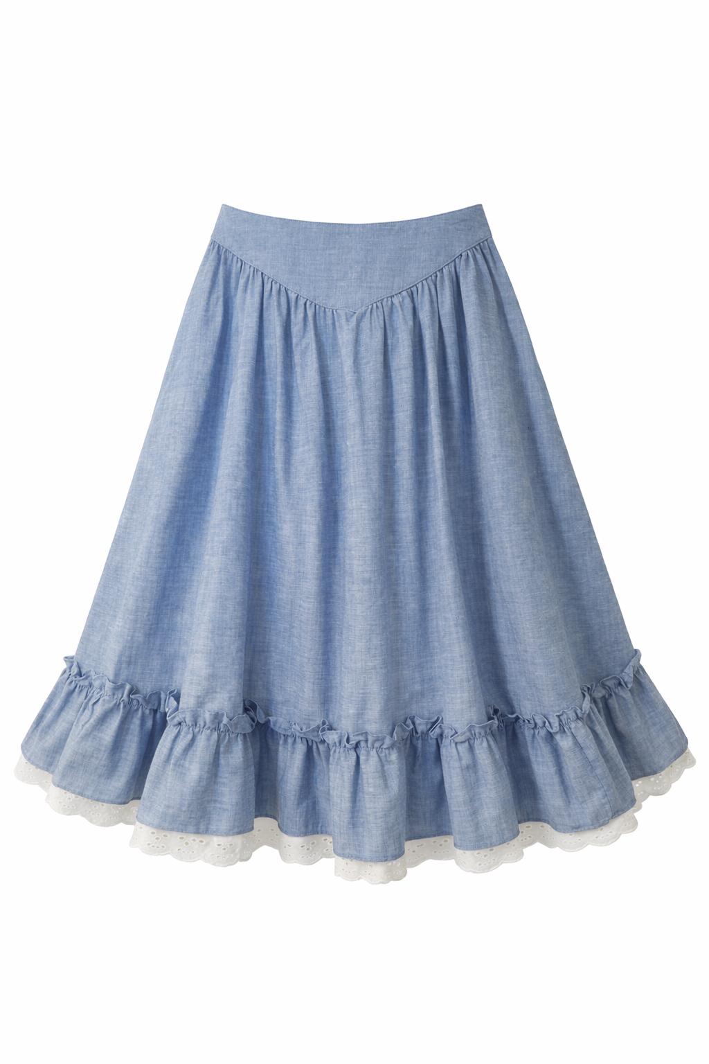 Size small Fritzi 1980s princess cut chambray ruffle skirt. Skirt fits mid length with eyelet trim at bottom of Chambrey ruffle.