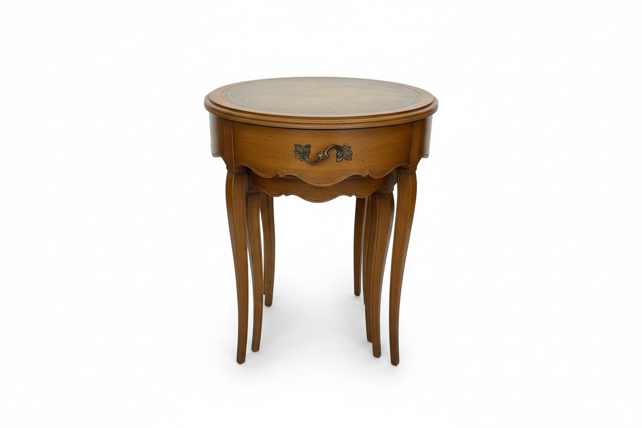 Vintage Leather Weiman Heirloom Antique Top Nesting Tables – Traditional Wood Side Table Set with Tooled Leather Insets