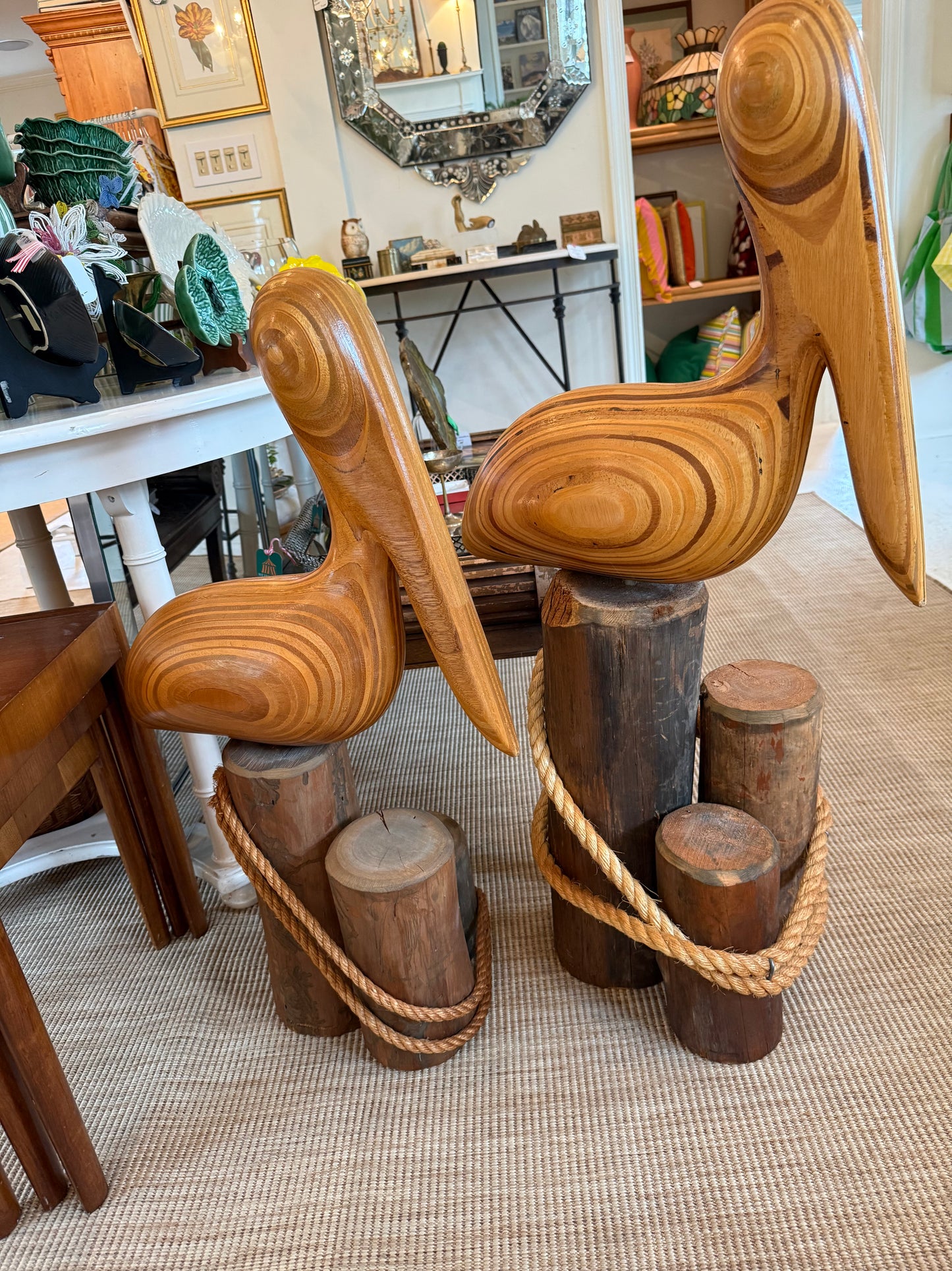 1970s MCM pair of hand carved large pelicans