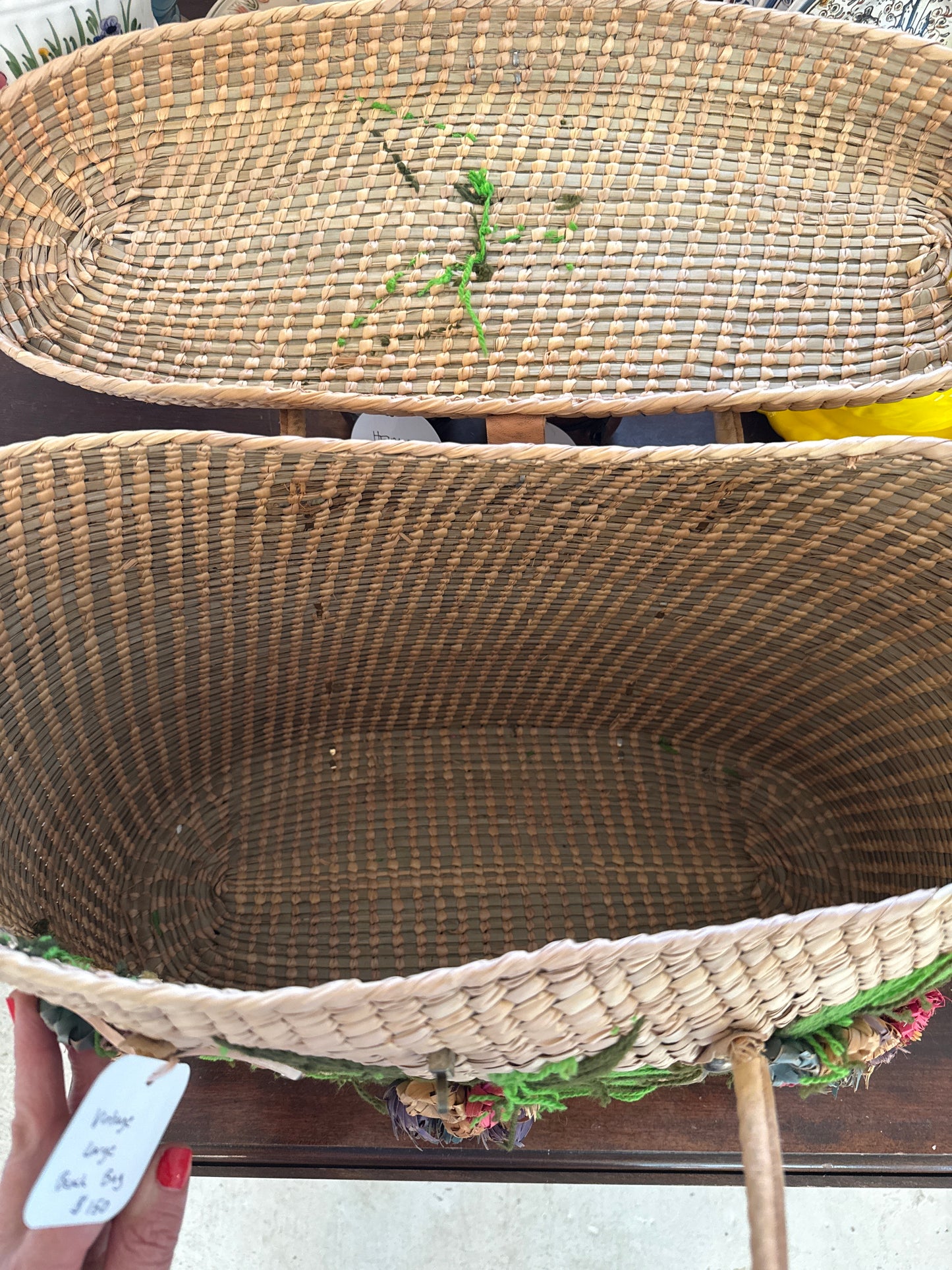 Vintage Handwoven Straw Picnic Basket Tote with Leather Trim & Floral Raffia Detail