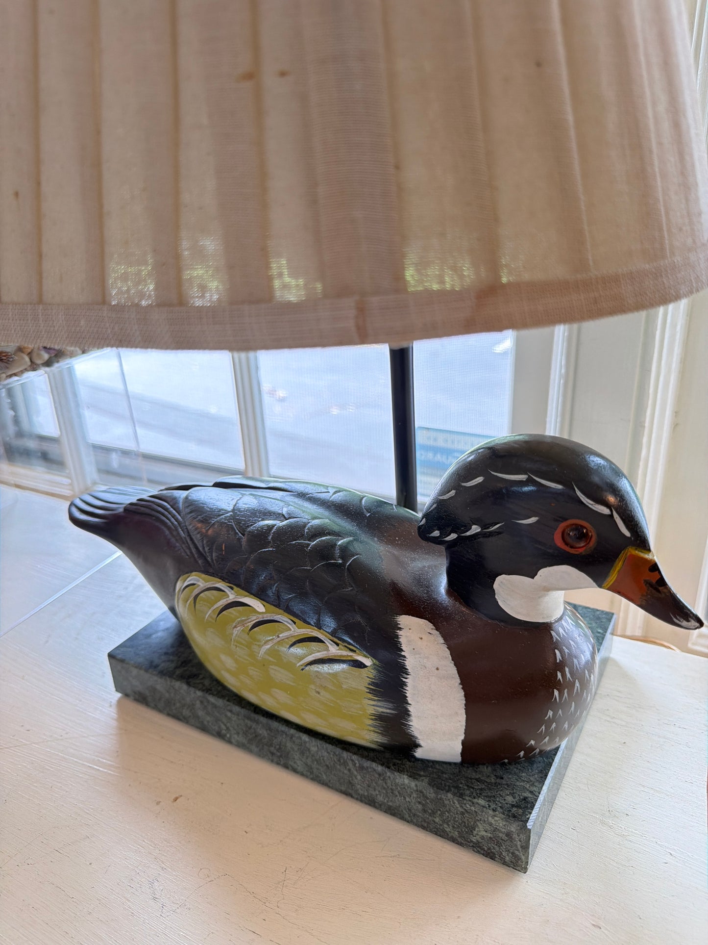 Vintage Wood Duck Table Lamp with Marble Base & Pleated Shade