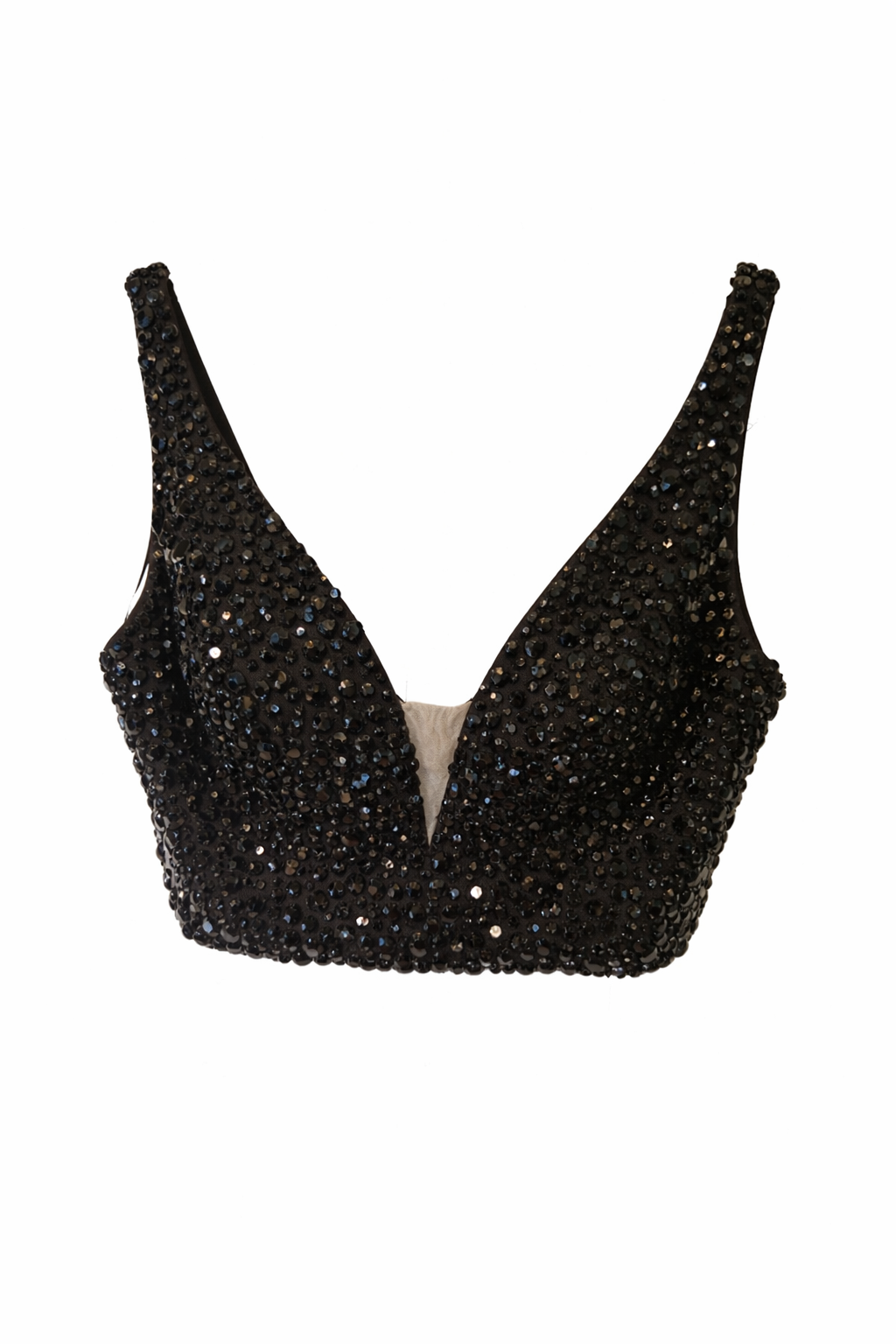 Unique crop top with deep V and mesh coverage. 
Beaded with thick shiny black beads on a black satin bustiers snap and hook closure no stretch size 4.