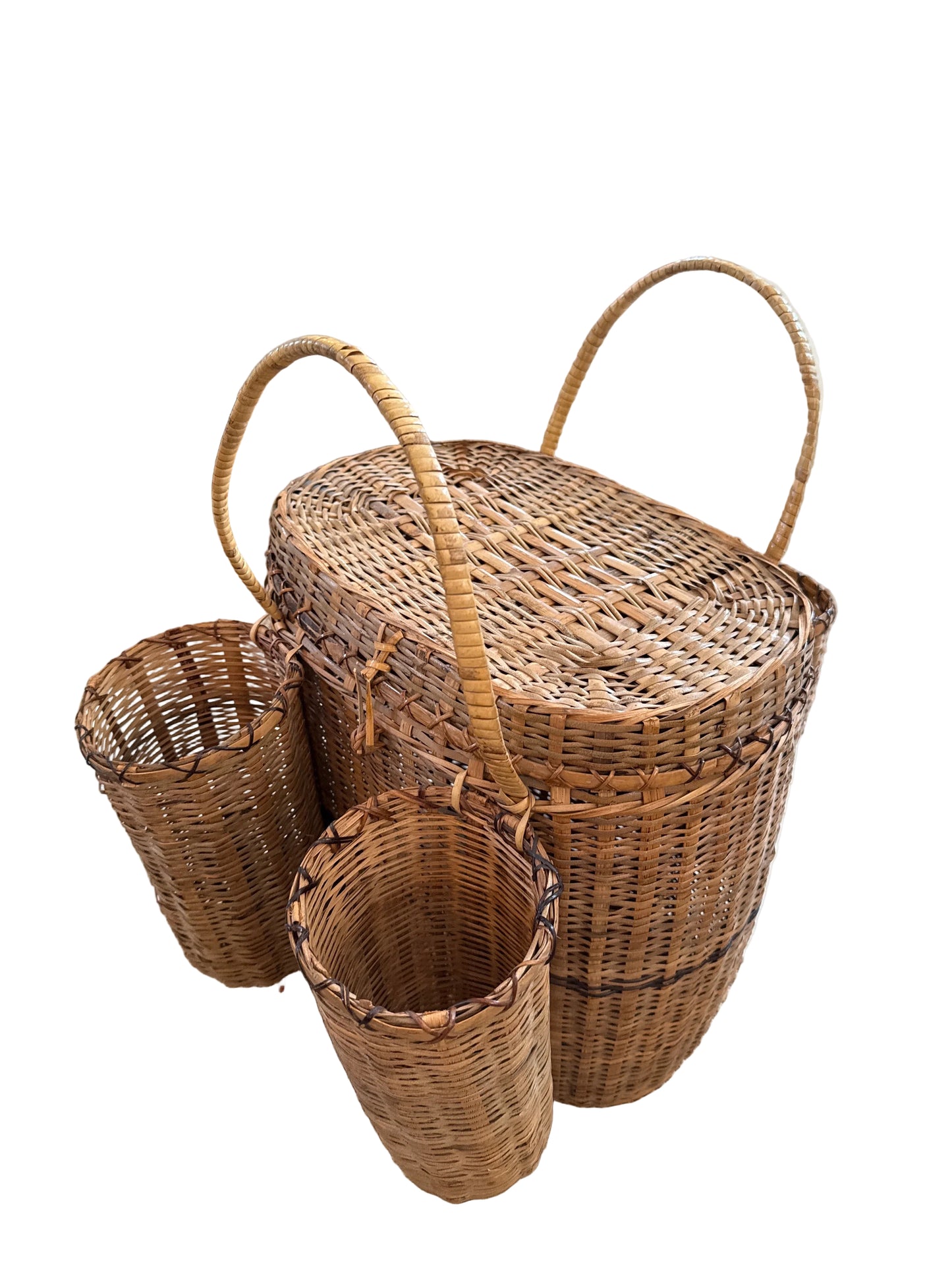 Vintage Wicker Gathering Basket / Picnic Basket with Side Carriers