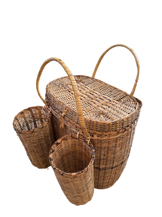 Vintage Wicker Gathering Basket / Picnic Basket with Side Carriers