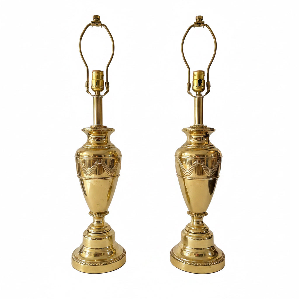 Pair of Vintage Brass Urn Lamps with Neoclassical Swag Detail