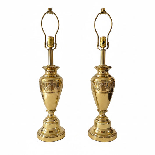 Pair of Vintage Brass Urn Lamps with Neoclassical Swag Detail