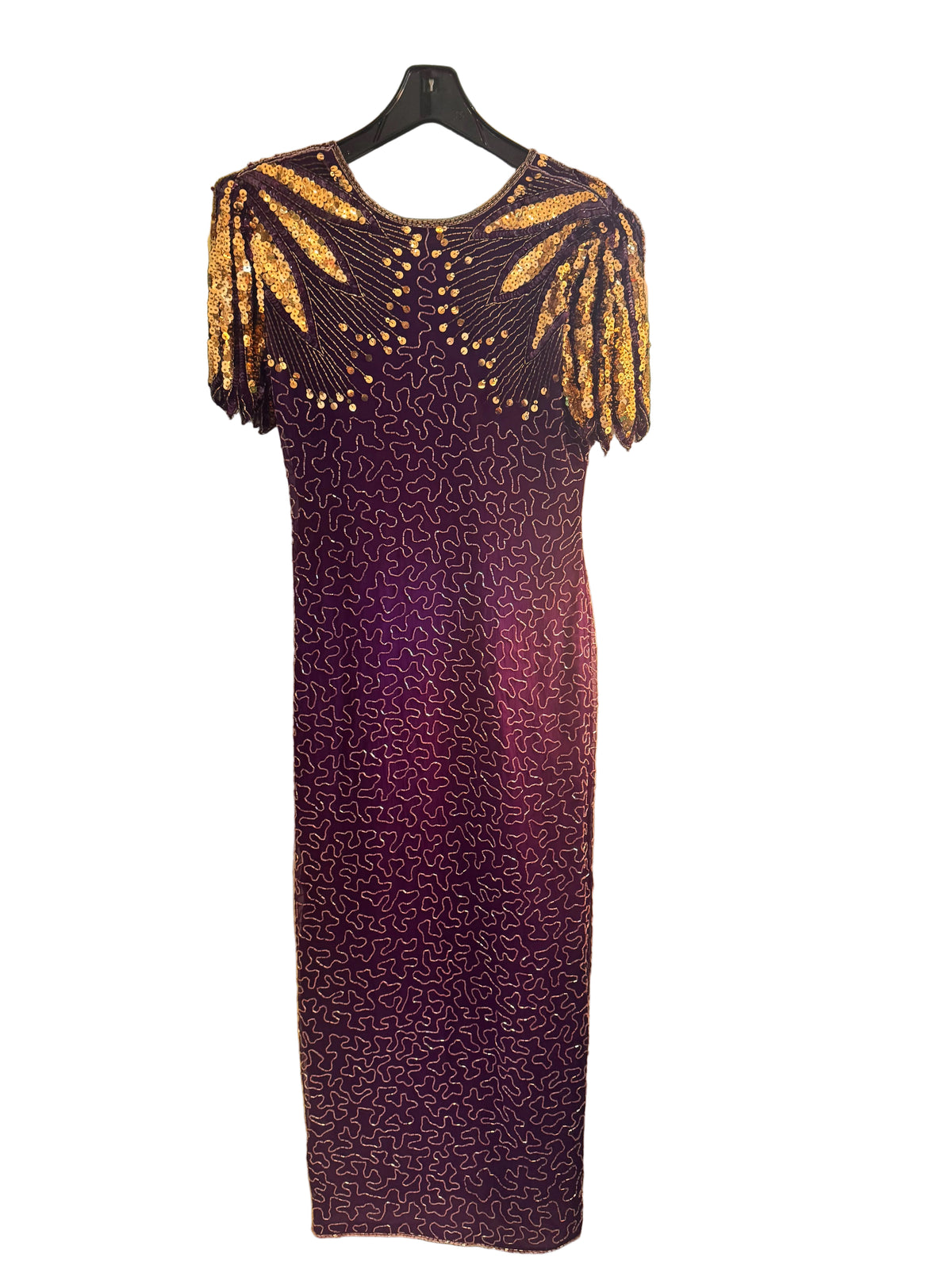 Purple and gold beaded gown
