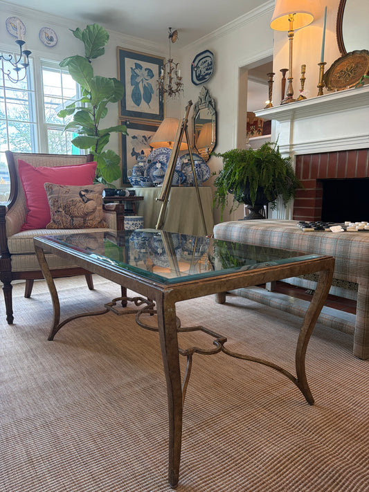 Vintage Brass & Glass Coffee Table with Decorative Iron Trellis Base