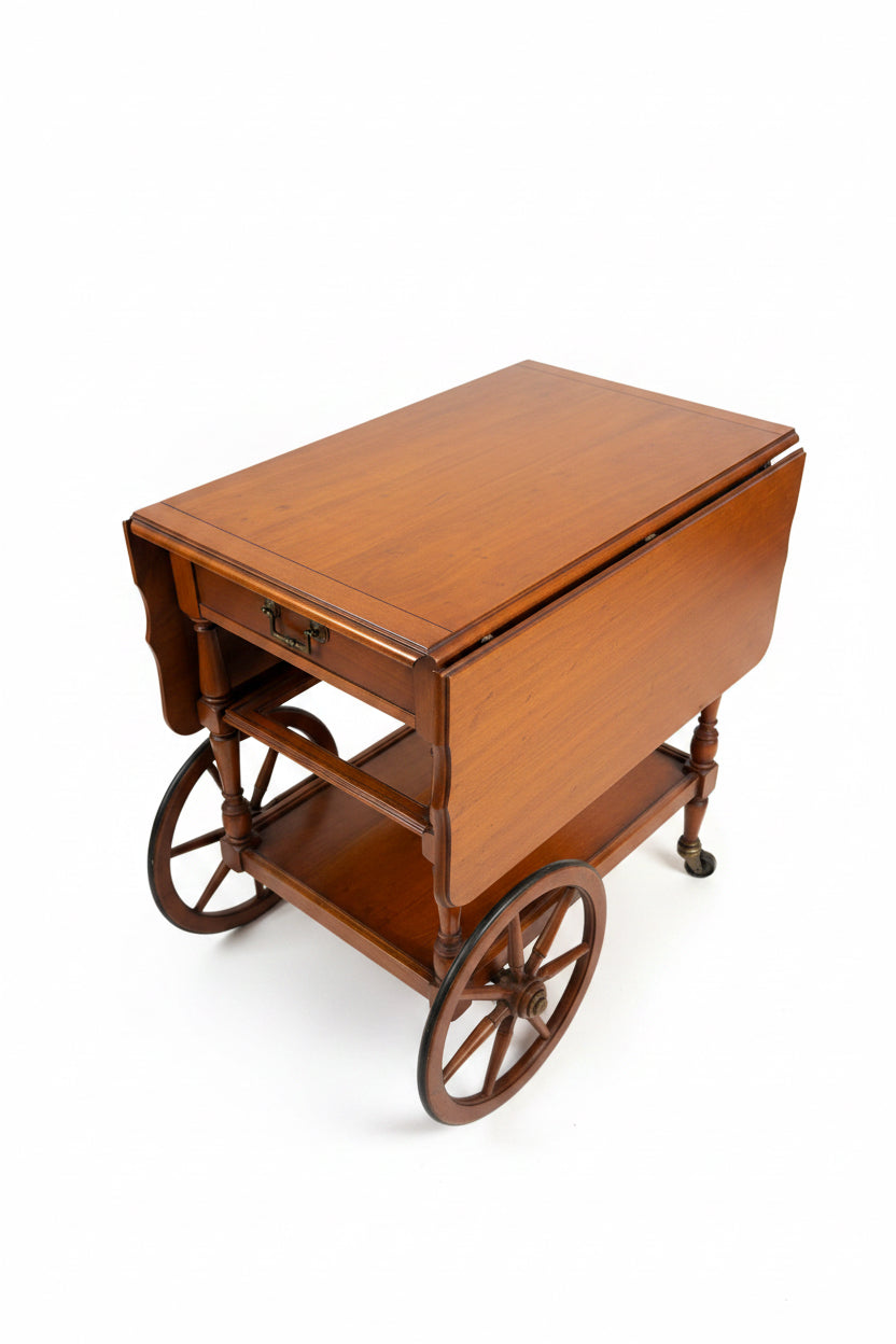 Vintage Fruitwood Drop-Leaf Tea Cart with Glass Shelf