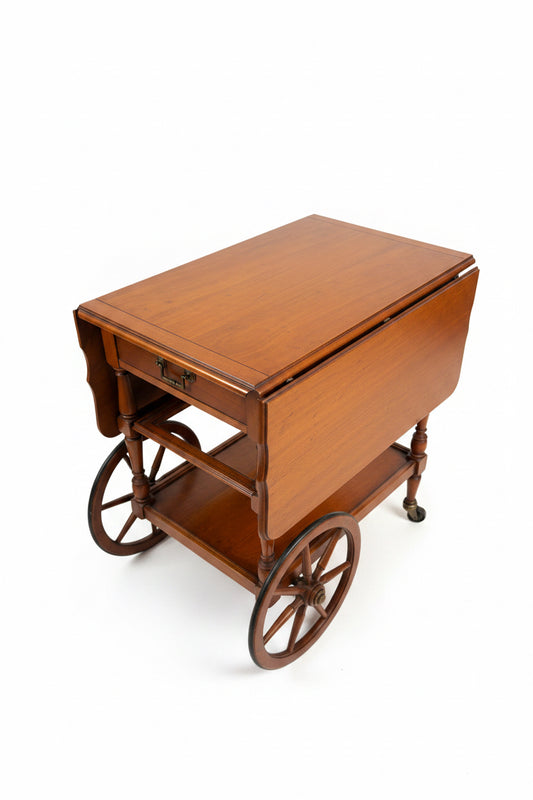 Vintage Fruitwood Drop-Leaf Tea Cart with Glass Shelf