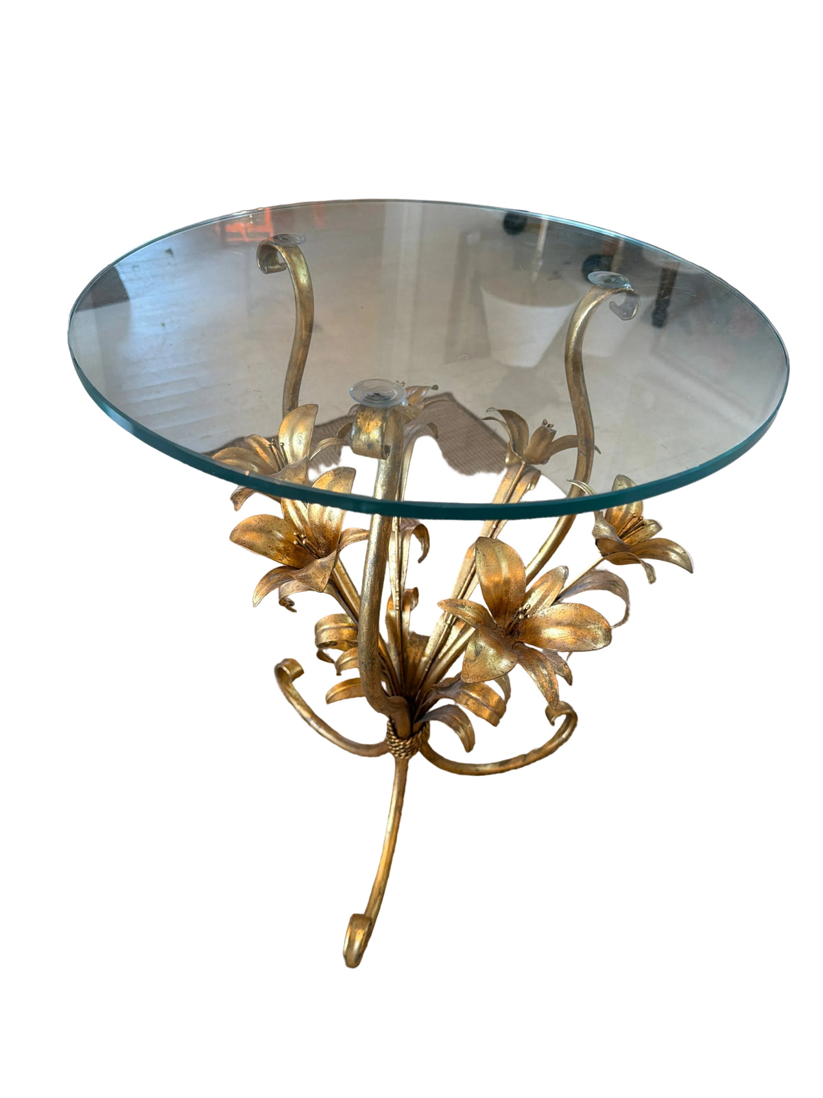 Vintage Gilt Tole Floral Glass-Top Side Table