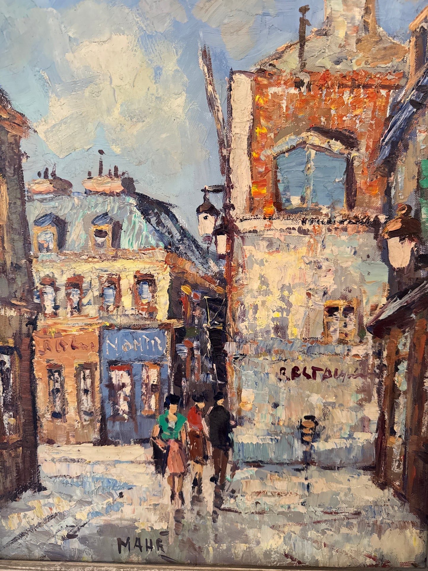 Framed Vintage Mahé Montmartre Paris Oil Painting | Sacré-Cœur Street Scene | Palette Knife Impasto
