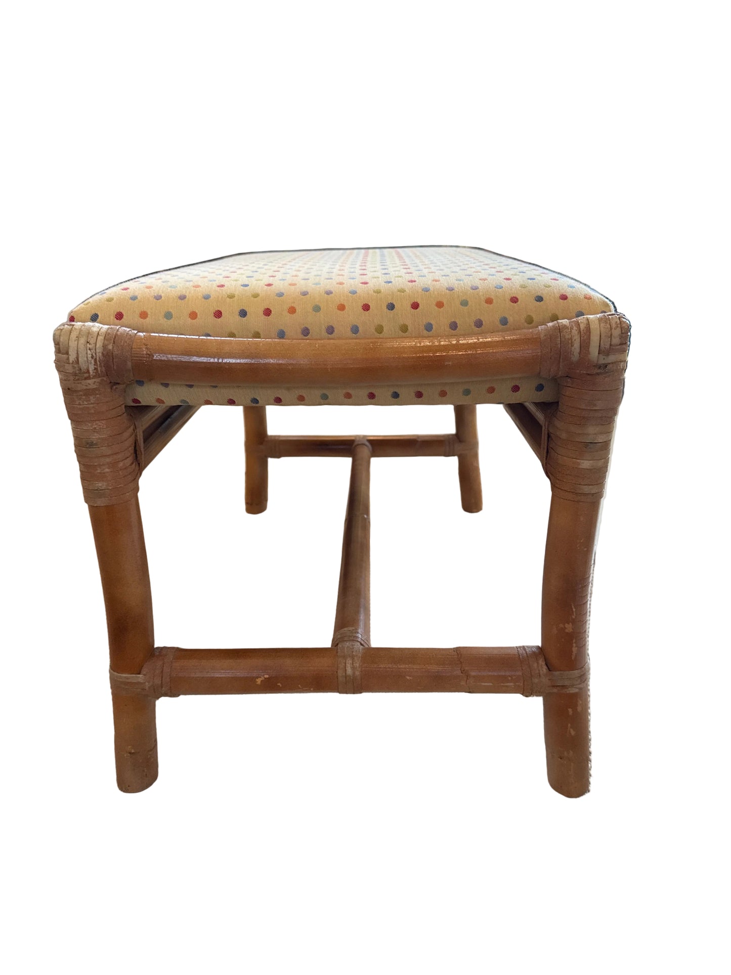 Vintage McGuire Rattan & Upholstered Polka Dot Bench / Ottoman