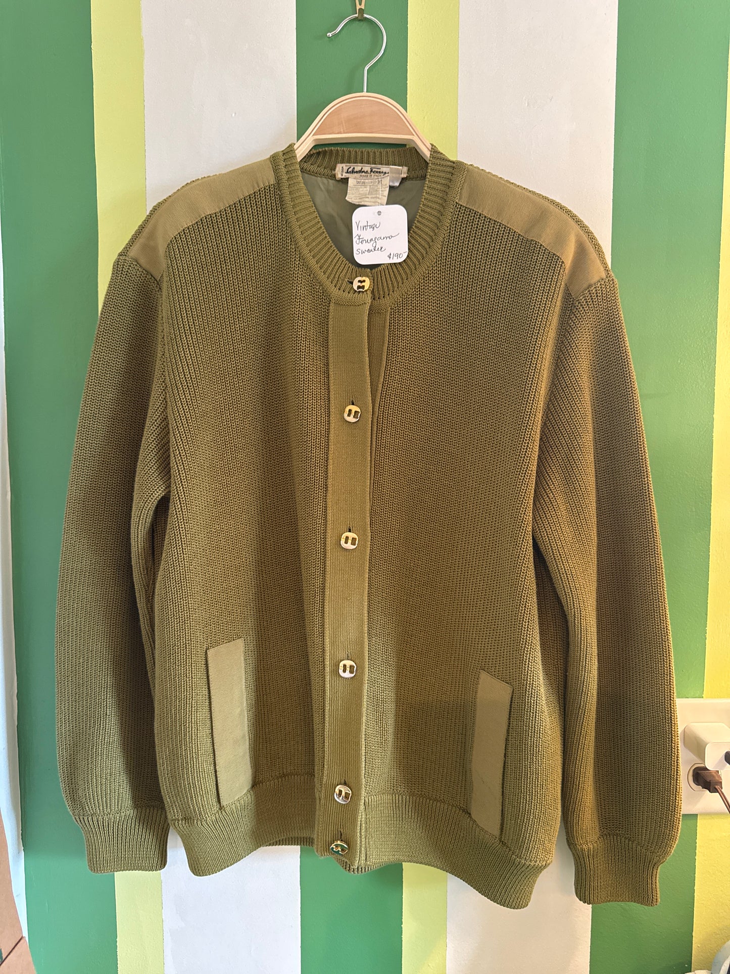 Vinatge Ferragamo olive ￼ green cardigan