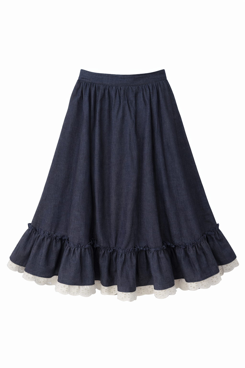 Dark denim 1980s country ruffle skirt with eyelet trim detail. Designed by Beens Jeans, Midweight cotton denim with 12 inch Ruffle detail at bottom and an additional 3 inch of delicate cream colored lace detail

size small