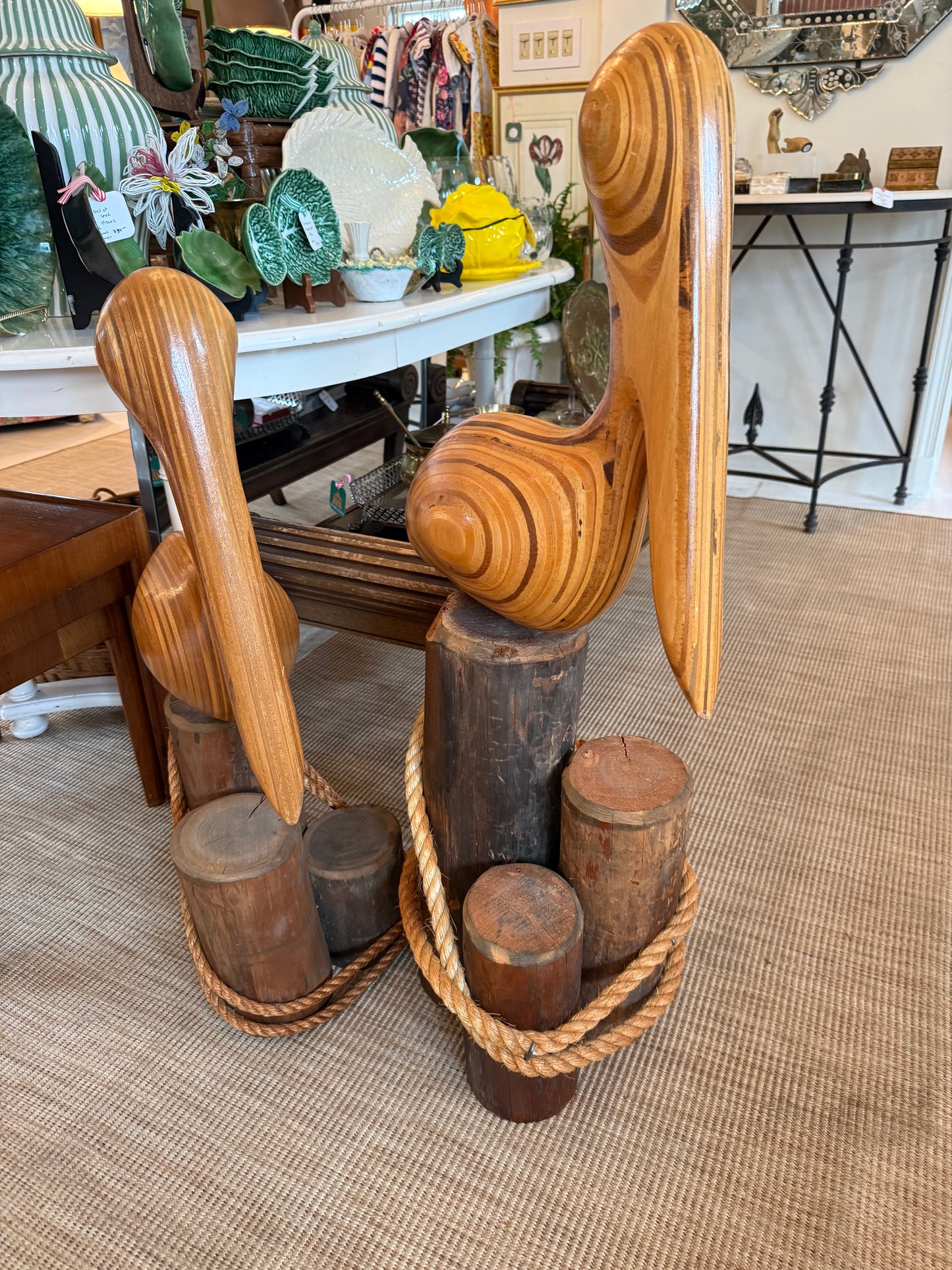 1970s MCM pair of hand carved large pelicans