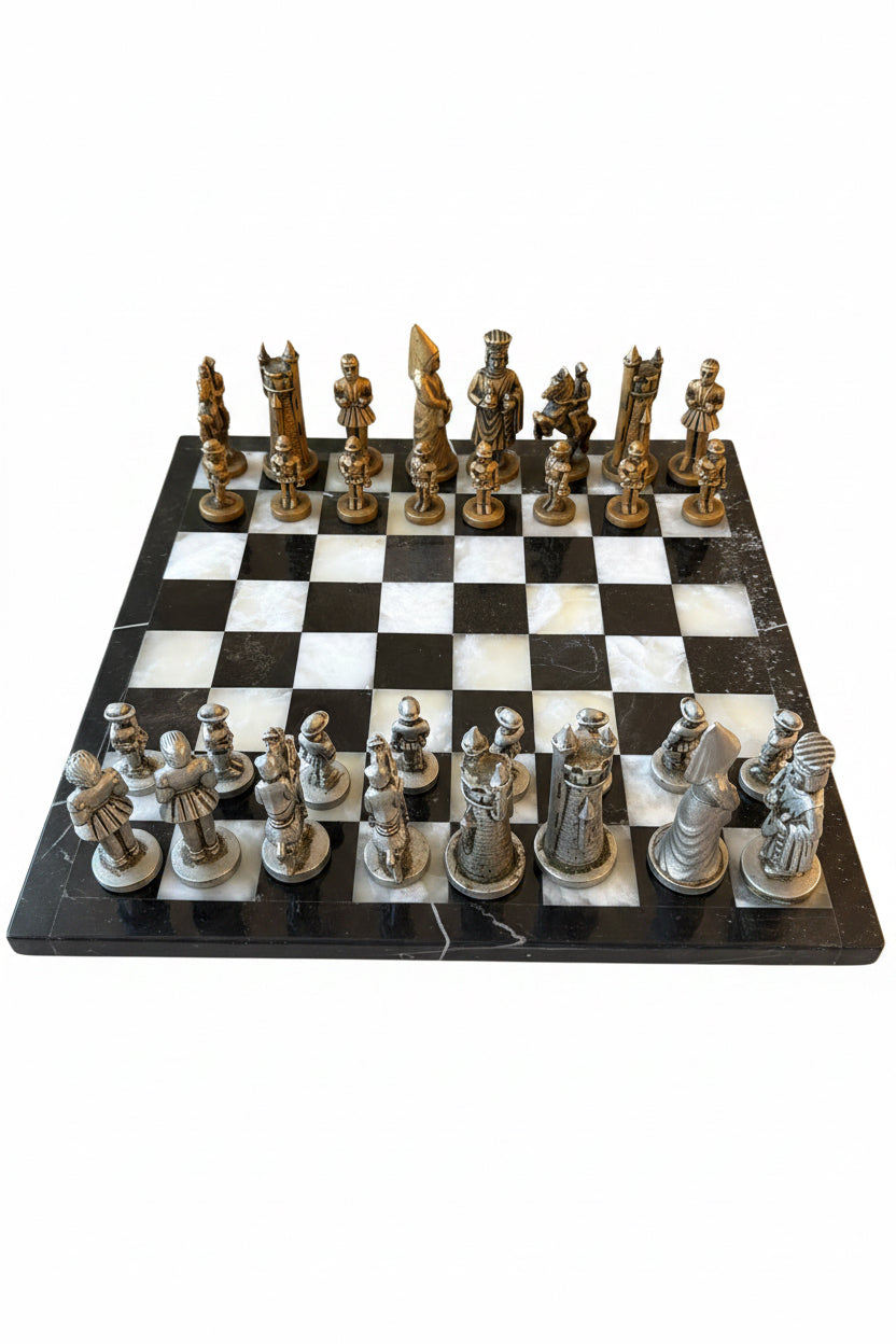 Vintage Medieval Chess Set with Stone Chess Board