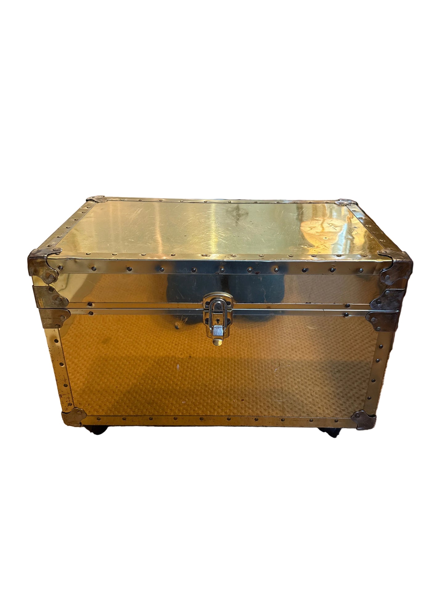 Vintage Brass-Clad Storage Trunk on Casters/ Chest with Working Key