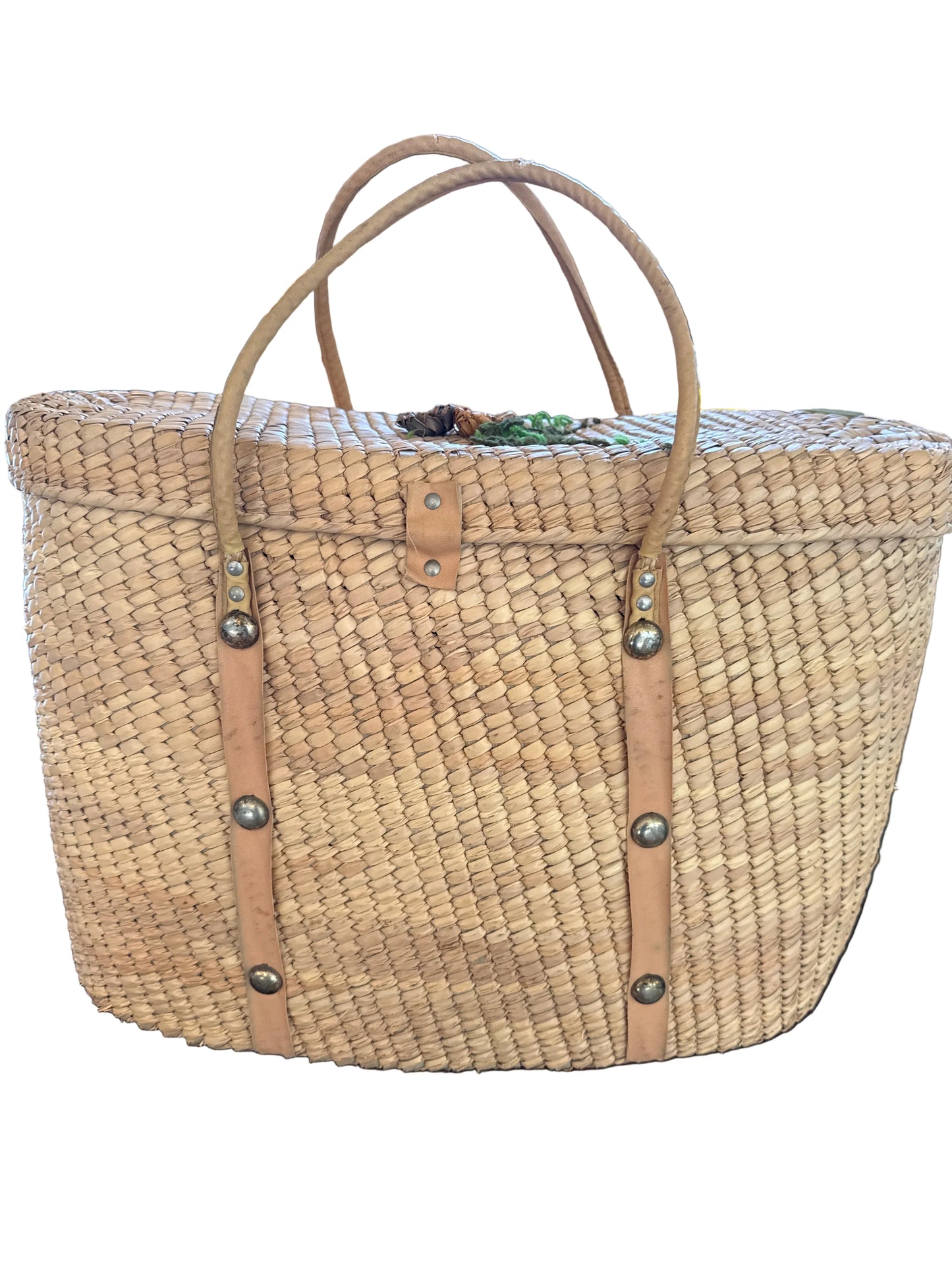 Vintage Handwoven Straw Picnic Basket Tote with Leather Trim & Floral Raffia Detail