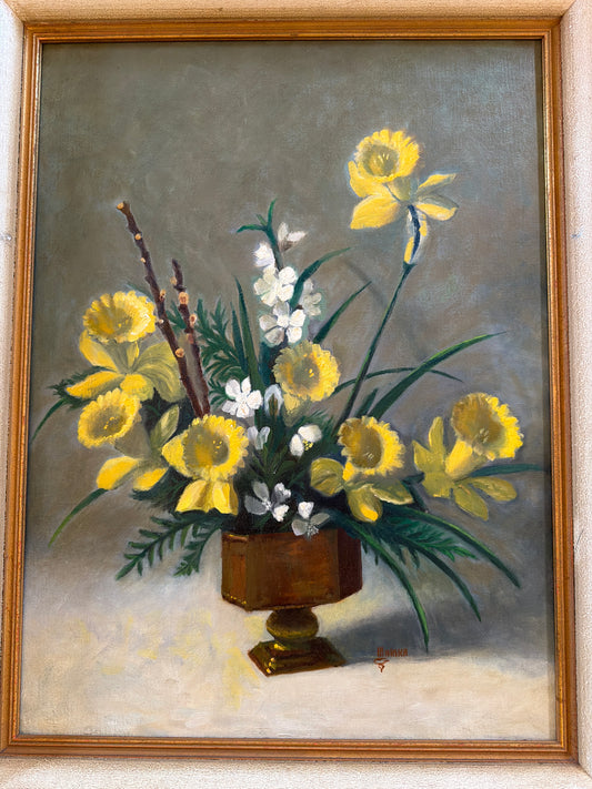 Original Vintage Floral Oil Painting in Textured Gilt Frame